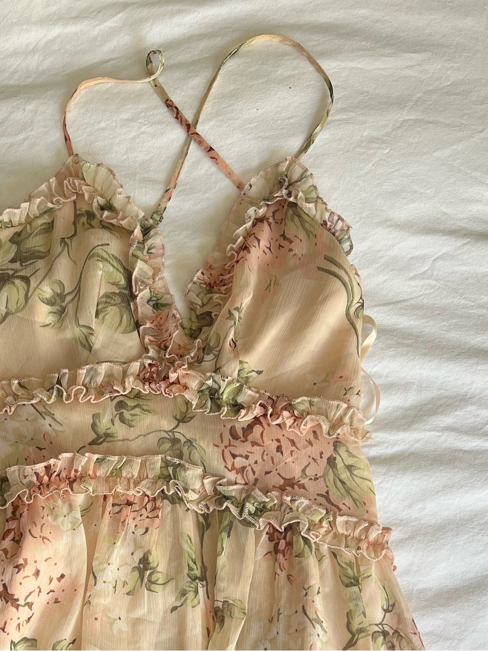 BLKSHEEP Floral Ruffle Tiered Mini Dress in Blush and Beige